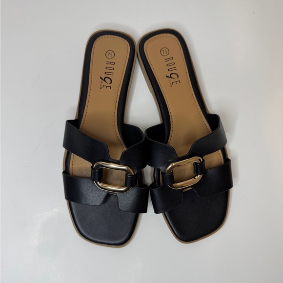 Rouge Helium Shoes - Rouge Helium Black Women's Sandals with Gold Buckle Size 7.5